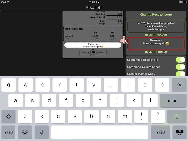 Add/edit details for Receipt Footer